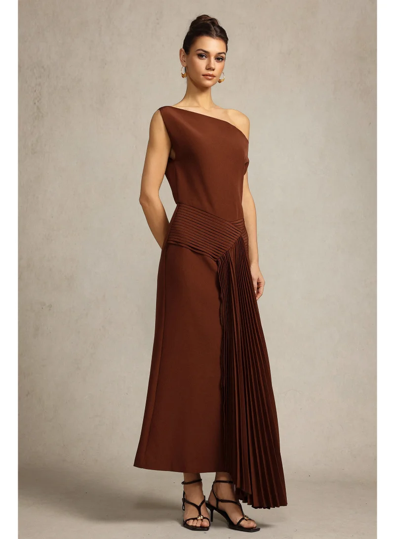 Bella Barnett  Paulina Oblique Shoulder Sleeveless Folds Brown Midi Dress for Women | Best Price UAE